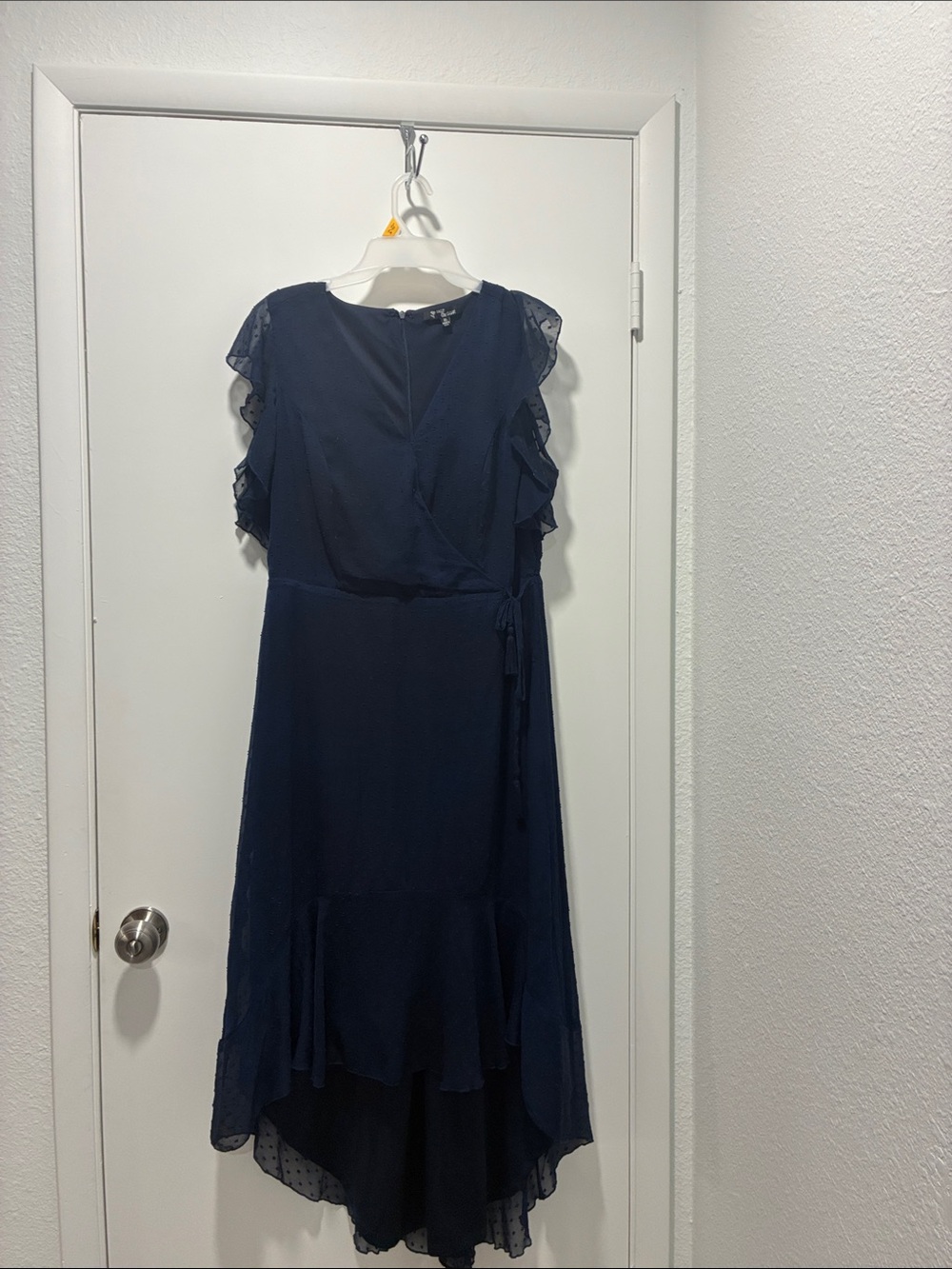 Navy Ruffle-Sleeve High-Low Wrap Dress